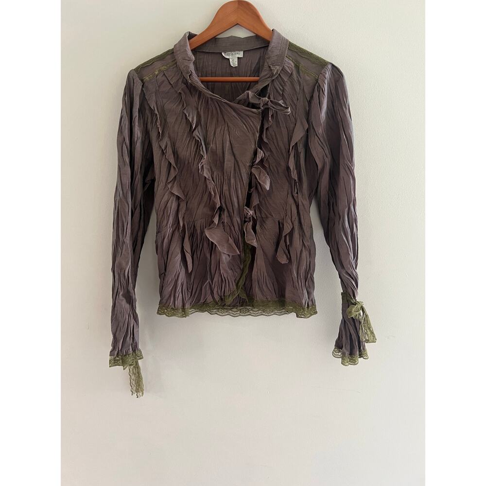 Anne Giorgio Crinkle Tie Up Dress Shirt Asymmetrical Gray Size Medium JL